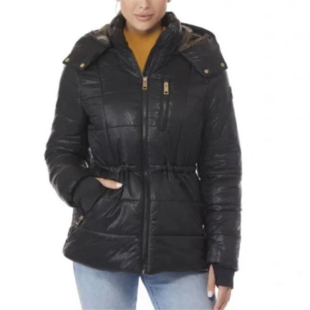 Michael kors shiny logo winter puffer jacket coat black gold plus2xl xxl hooded